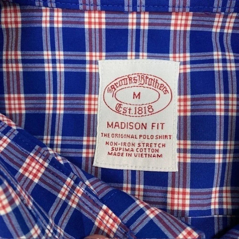 Brooks Brothers Madison Fit Shirt Mens M Blue Red Plaid Non-Iron Stretch Supima - Picture 2 of 9